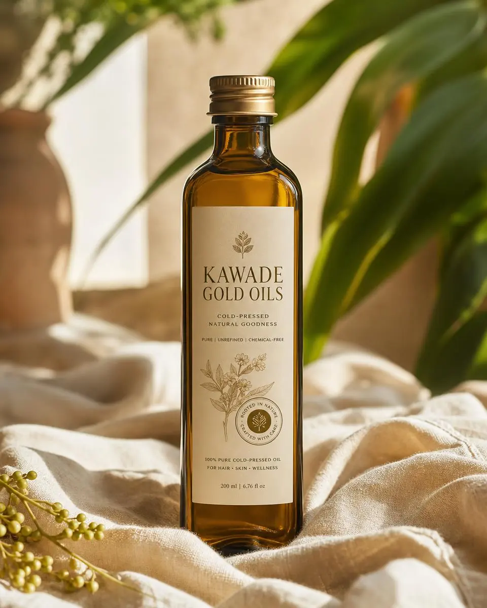 Amber glass bottle of Kawade Gold cold-pressed oil on linen cloth in morning light
